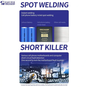MECHANIC WS ONE SPOT WELDING SHORT KILLER - Short Circuit Detector - infographic with text headers showing blue cylindrical batteries, a black rectangular lithium-ion battery labeled mechanic, and a circuit board with two probes.