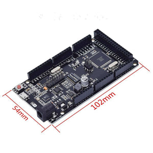 MEGA2560 + WiFi R3 ATMEGA2560 With ESP8266 (32MB Memory) – All-in-one Development Board - black development board with a DC power jack, USB port, and pin headers, shown with 102mm by 54mm dimensions.