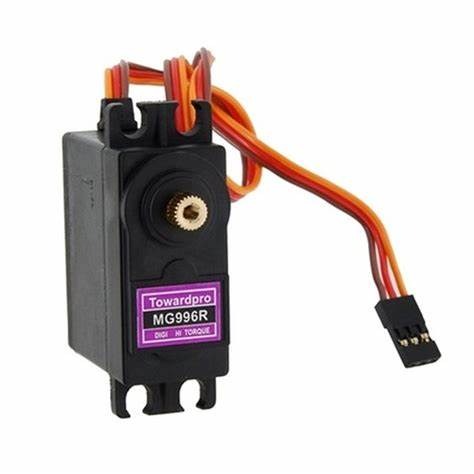 MG996R Metal Gear Servo Motor 180 Degree Servo Motor For Arduino(metal Gear) - a black rectangular servo with a gold-colored output gear and a three-wire cable ending in a black plastic connector.