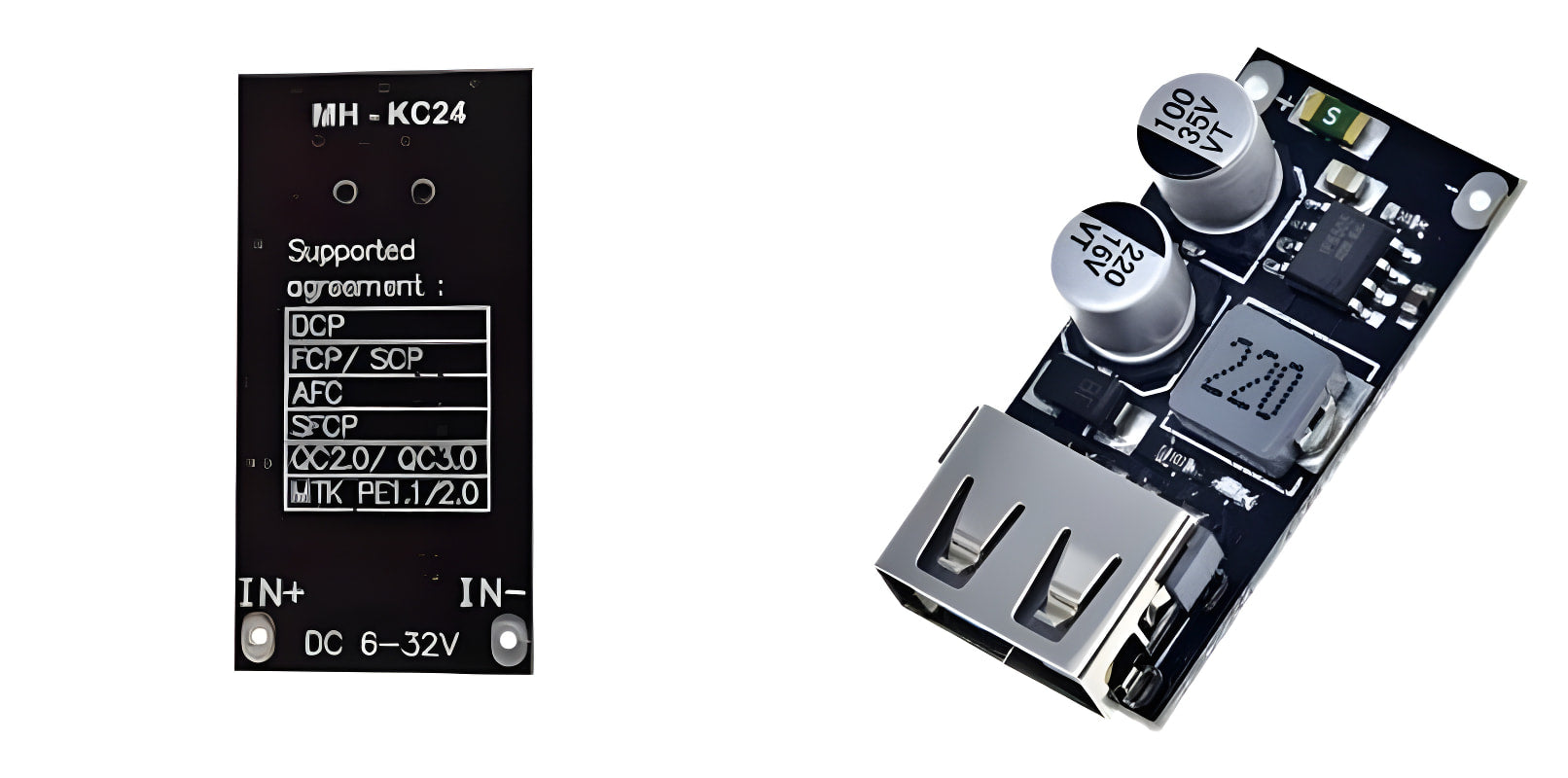 MH-KC24 QC3.0 QC2.0 USB Quick Charging Board Module DC To DC Buck Converter - front and back views of the black PCB with a USB port, capacitors, and text labels.