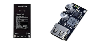 MH-KC24 QC3.0 QC2.0 USB Quick Charging Board Module DC To DC Buck Converter - front and back views of the black PCB with a USB port, capacitors, and text labels.