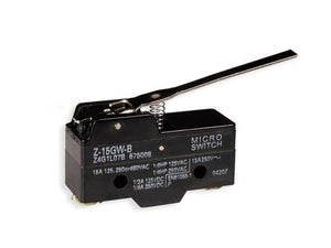 Micro Limit Switch Z-15GW-B - a black rectangular electrical switch with a long metal hinge lever actuator and a visible spring.