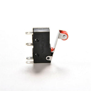Micro Roller Lever Arm Open Close Limit Switch Micro Switch - shown as a black rectangular switch with three metal terminals and a red roller lever arm on a white background.