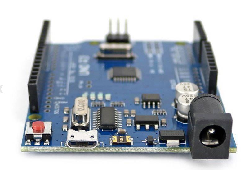 Micro USB Arduino Uno R3 - shown in a close-up angle, featuring a blue circuit board with a reset button, micro USB port, power jack, and pin headers.