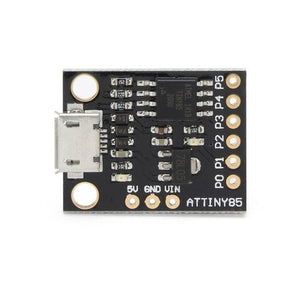 Micro USB Digispark ATTINY85 Mini USB Development Board - a black rectangular PCB featuring a Micro USB port, an Atmel chip, and labeled pin headers.