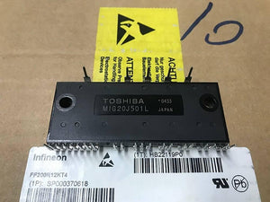 MIG20J501L IGBT Module Toshiba - a black rectangular electronic component with metal pins, resting on a white label with barcodes and Infineon branding.