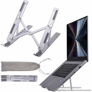 MIKUSO TL-MKSLS030 MIKUSO LS-030 LAPTOP STAND ADJUSTABLE ALUMINIUM(11-14’) - shown in silver aluminium, includes a foldable stand, a grey storage pouch, and a laptop resting on the stand.