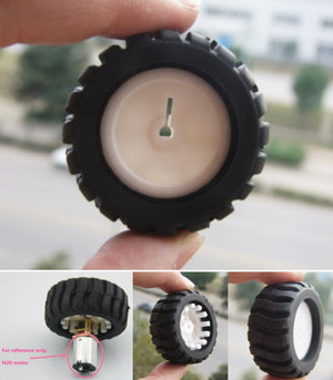 Mini Car Wheel Tyre 43mm For N20 DC Gear Motor | Best Arduino Product Store Digilog.pk - shown in multiple close-up views, featuring a black rubber tread and a white plastic hub with a D-shaft.