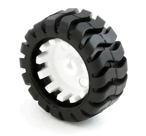 Mini Car Wheel Tyre 43mm For N20 DC Gear Motor | Best Arduino Product Store Digilog.pk - a close-up of a black rubber tire with a tread pattern mounted on a white plastic wheel hub.