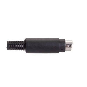 Mini DIN Male Solder 8 Pin Connector - shown as a black, cylindrical 8-pin male connector with a flexible strain relief boot on one end.