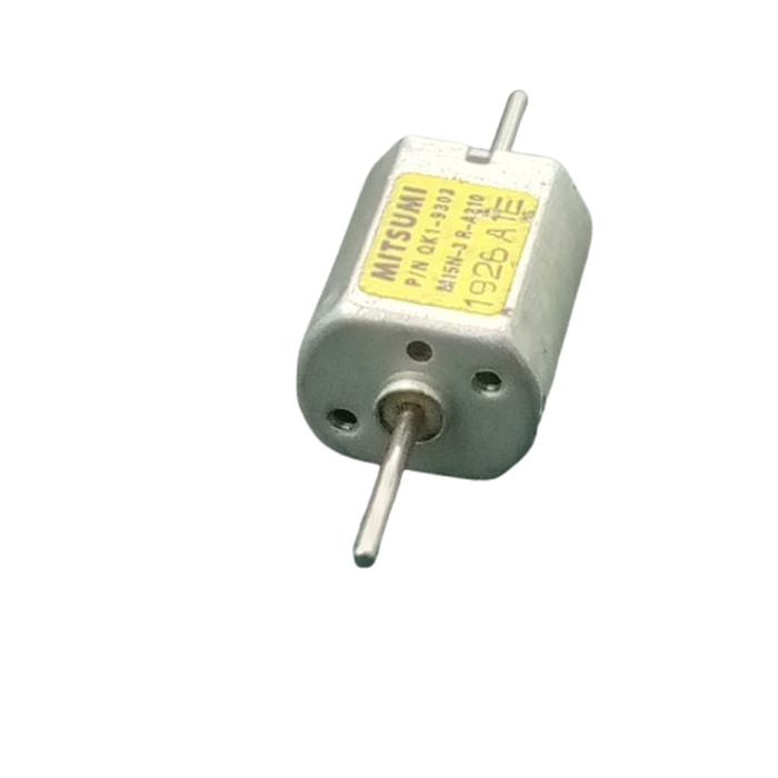 Mini Flat 030 Electric Motor DC 12V-24V 19500RPM Dual Axle Shaft - a silver, rectangular DC motor with a dual-shaft design and a yellow label.