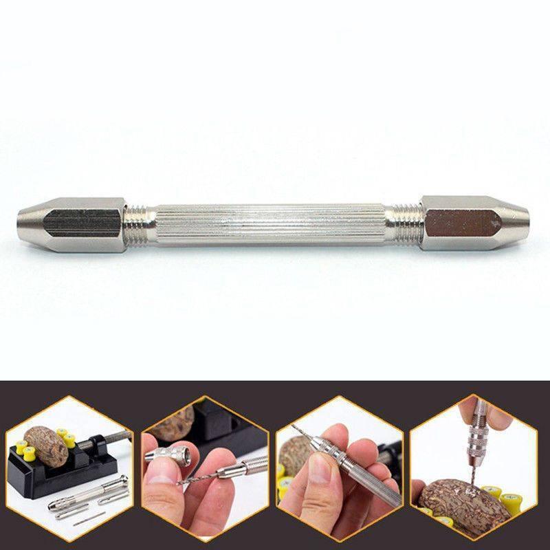 Mini Hand Drill - shown as a silver metal tool with double-ended chucks, accompanied by inset images demonstrating its use for manual drilling on a nut.