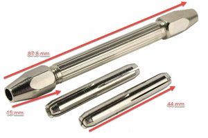 Mini Hand Drill - shown with two collet accessories, featuring a silver metallic finish and annotated with dimensions of 87.8 mm, 15 mm, and 44 mm.