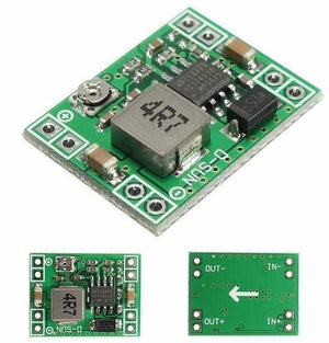 Mini MP1584EN DC-DC Buck Adjustable Step Down Module 4.5V-28V Input 0.8V-20V Output - shown from three angles, featuring a green circuit board, a square inductor, and an adjustable knob.