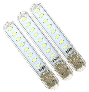 Mini Portable USB LED Night Light 5730 SMD 8 LEDS Lamp Reading Camping Cool White - three identical white circuit boards with eight yellow SMD LEDs each and a silver USB connector at the base.