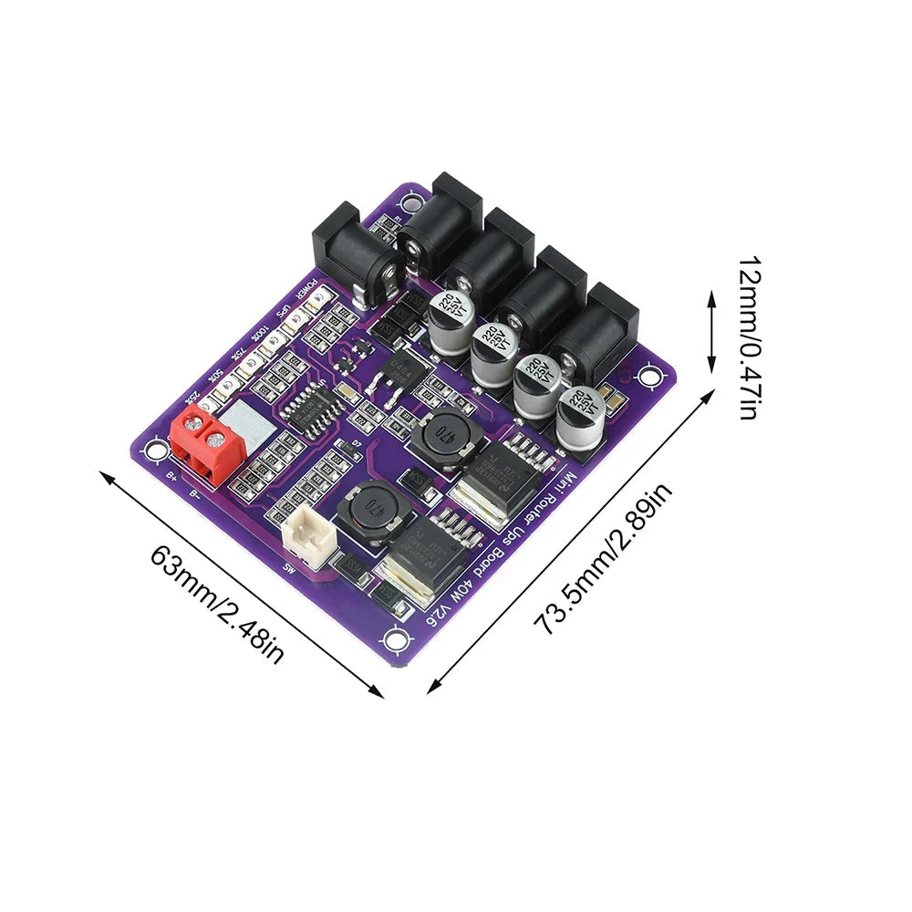 Mini Router UPS Board 40W V2.6 for Router & Modem in Pakistan - a purple circuit board with four DC barrel jacks, a battery terminal, a white connector, and dimension labels.