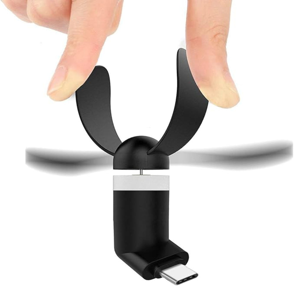 Mini Type-C High Speed USB Mobile Cooler Fan | Portable Android Cooling Fan - a black, two-bladed portable fan with a Type-C connector being held by two fingers.