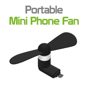 Mini USB Fan For Mobile Phone Micro USB Port Mix Color - a black two-blade portable fan with a white ring connector and a Micro USB port, shown against a white background.