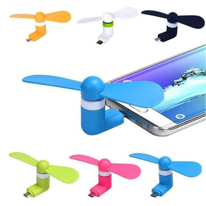 Mini USB Fan For Mobile Phone Micro USB Port Mix Color - a blue fan plugged into a smartphone alongside six other fans in various colours.