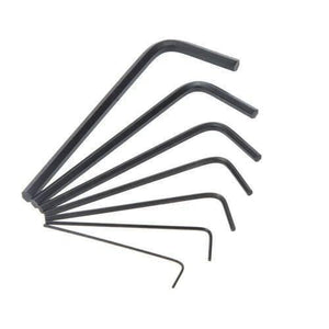 Miniature l Key Wrench Screwdriver Kit Hex Key Set Allen 7pcs 0.7-3.0mm 8pk-022 Proskit - seven black L-shaped hex keys of varying sizes arranged in a fan pattern against a white background.