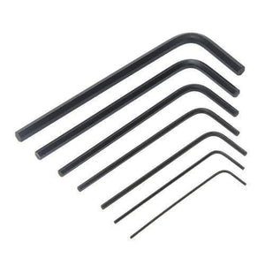 Miniature l Key Wrench Screwdriver Kit Hex Key Set Allen 7pcs 0.7-3.0mm 8pk-022 Proskit - seven black L-shaped hex keys of varying sizes.