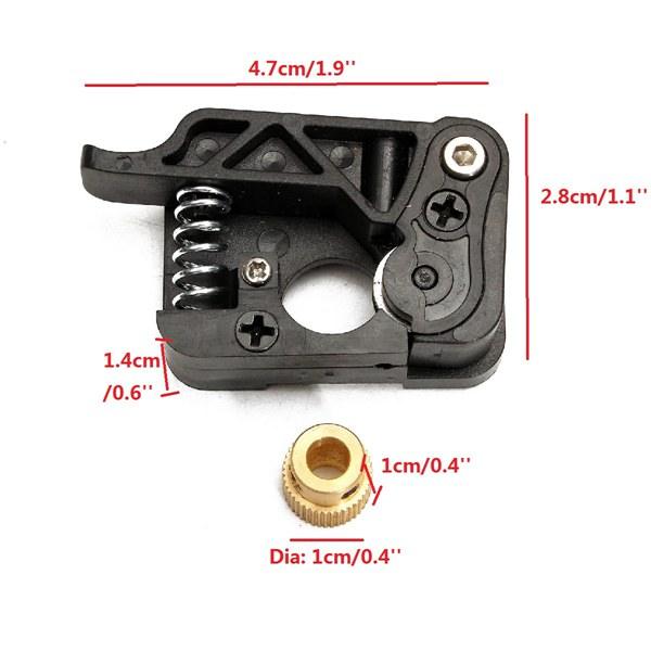 MK8/9 Dual Extruder Feed Device Part For 3d Printer 1.75mm Filament - 1( Right Side) - right-side version, shown with its black plastic housing, metal spring, screws, and a separate brass gear with dimensions.