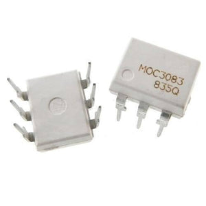 MOC3083 Optoisolators TRIAC Driver IC - shown as two white, six-pin electronic components with the text MOC3083 835Q printed on one.