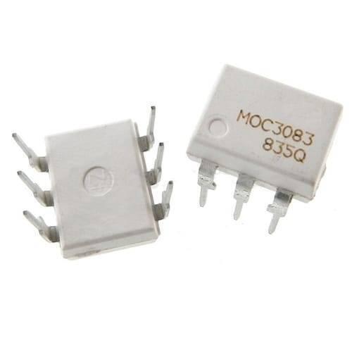 MOC3083 Optoisolators TRIAC Driver IC - shown as two white, six-pin electronic components with the text MOC3083 835Q printed on one.