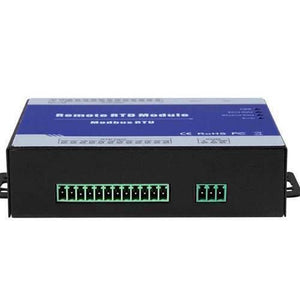Modbus Slave RTD Remote I/o Module Data Acquisition 8 RTD Inputs 12~36VDC With Anti-reverse Protection M340 - a black rectangular device with a blue top panel featuring a long green 12-pin terminal block and a 3-pin connector.