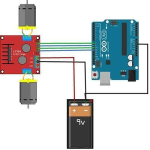 Motor Driver Module L298N For Arduino Dual h Bridge Motor Driver - shown in a wiring diagram connected to an Arduino Uno, two DC motors, and a 9V battery.