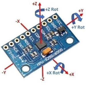 MPU6500 GY-6500 6DOF 6 Axis Accelerometer Gyro Sensor - a blue rectangular circuit board with a central chip, multiple pin headers, and red arrows illustrating X, Y, Z axes.