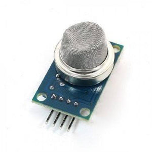 MQ2 Gas Sensor Detector Module - a blue circuit board with a metallic mesh sensor head and four connector pins at the bottom.