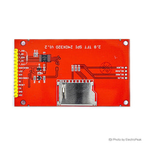 MSP2807 2.8 Inch 320*240 SPI Serial TFT LCD Module Display Screen With Touch Panel Driver IC ILI9341 For MCU - rear view showing a red circuit board with a silver SD card slot, a touch controller chip, and a row of yellow pins.