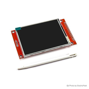 MSP2807 2.8 Inch 320*240 SPI Serial TFT LCD Module Display Screen With Touch Panel Driver IC ILI9341 For MCU - a rectangular black screen on a red circuit board with a side connector and a white plastic stylus pen below.