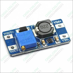 MT3608 Booster Converter Power Module DC-DC Step Up Module - a blue rectangular DC-DC step-up circuit board featuring a gold-coloured potentiometer, inductor, and terminals.