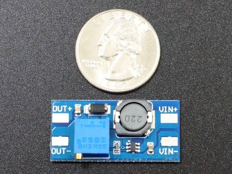 MT3608 Mini Adjustable DC-DC Boost Module - shown as a blue rectangular circuit board with a potentiometer and inductor, next to a US quarter coin.