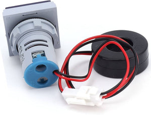 Multi colour square panel indicator voltage meter current meter with indicator signal lamp AD16-22FVA - grey cylindrical body, a blue base with two screw terminals, and a black current transformer.