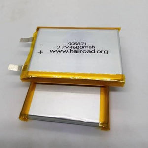 Multipurpose 4600mAh 3.7V Lithium Ion Battery Rechargeable Battery For IOT Robotics And Ev Electric Vehicle - two rectangular silver batteries with yellow tape and two metal contact tabs on a white surface.