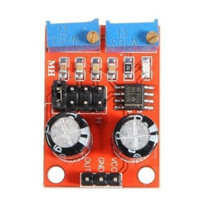 NE555 Pulse Frequency Duty Cycle Adjustable Module Square Wave Signal Generator - a red rectangular circuit board with two blue potentiometers, an 8-pin chip, and three output pins.