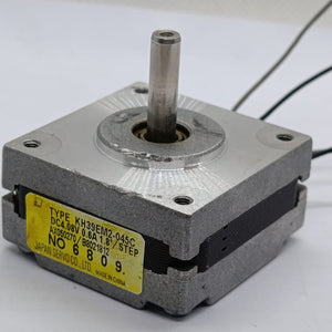 NEMA 14 Stepper motor KH39EM2-045C 0.6A JAPAN SERVO Pancake Stepper Motor - a silver and black square pancake motor with a central metal shaft and a yellow specification label on its side.