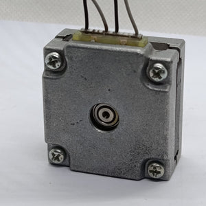 NEMA 14 Stepper motor KH39EM2-045C 0.6A JAPAN SERVO Pancake Stepper Motor - a square, silver-coloured pancake stepper motor with a central shaft and a four-wire connector on the top edge.