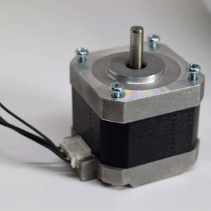 NEMA 17 4 Wire Stepper Motor NEMA17 Stepper Motor REFIRBISHED - a silver and black square stepper motor with a central metal shaft, four mounting screws, and a white connector.