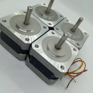 NEMA 17 Single Shaft 1.8 Degree Compact Powerful Stepper Motor - four silver and black square stepper motors with shafts and attached wire leads.