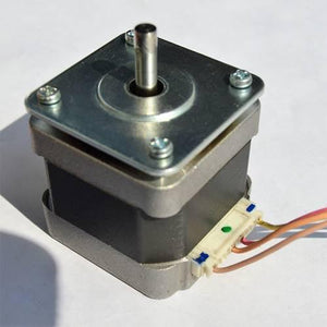 NEMA17 NEMA 17 Stepper Motor For 3D Printer And CNC - a square silver and black motor with a metal shaft and a white plastic connector with attached wires.