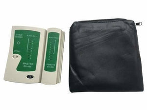 Network Cable Tester Master Bs 468 RJ45 RJ11 - the beige master and remote units with green indicator panels and a black zippered carrying case.