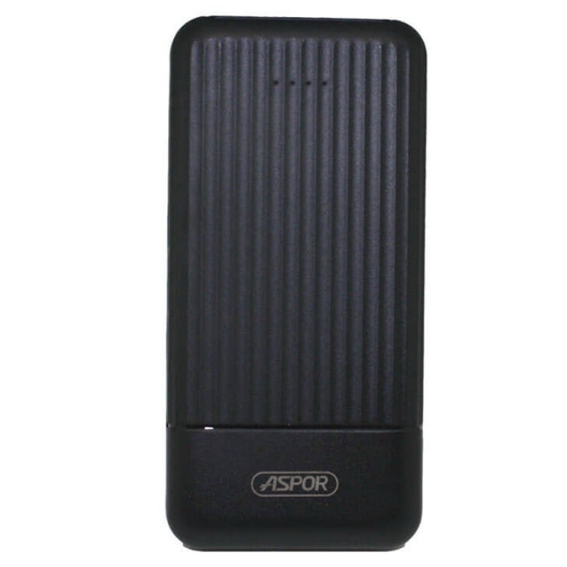 New ASPOR Power Bank 10000mAh Charging Fast With 2 USB Ports Battery Indicator Model A323 - a black, rectangular portable charger with a vertically ribbed texture and four small battery indicator lights on the top surface.