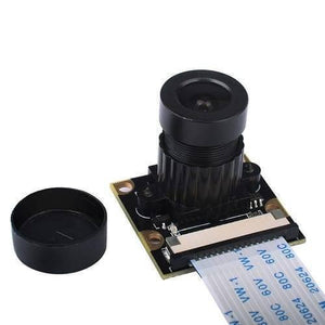 Night Vision 5MP Camera Module For Raspberry Pi With 2 IR LEDS - a black camera lens on a circuit board with a ribbon cable and a separate black lens cap.