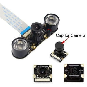 Night Vision 5MP Camera Module For Raspberry Pi With 2 IR LEDS - board with two IR LEDs, a ribbon cable, and a separate camera module with a lens cap.