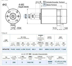 Nisca Servo DC Motor With Encoder NF5475E DC 24V To 38V And 3500 To 5000RPM - side and front dimensions, mounting holes, and a table of motor and encoder specifications.
