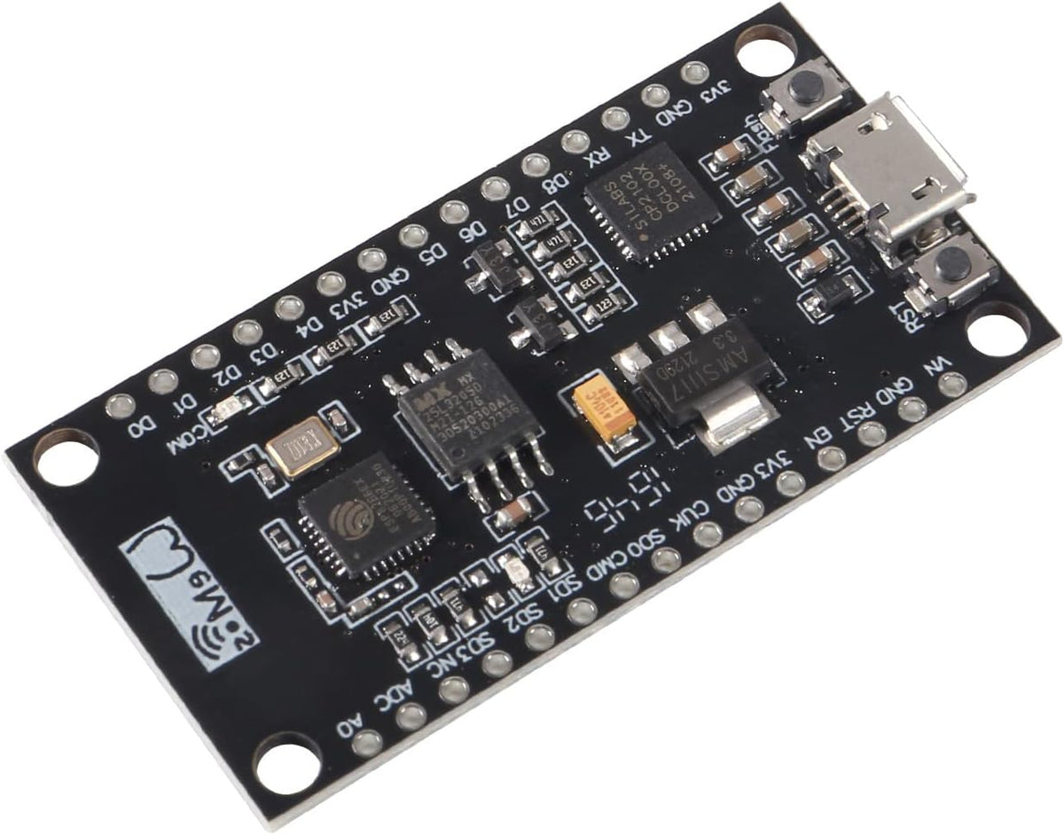 Node-MCU Lua CP2102 NodeMCU V3 Lua WiFi Module Integration of ESP8266 + Extra Memory 32M Flash, USB-Serial CP2102 for Arduino PRICE - a black rectangular circuit board with a micro-USB port, two push buttons, and labeled pin headers on both sides.